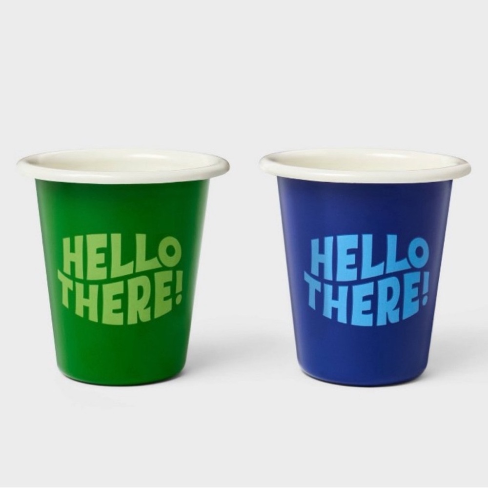 Tabitha Brown 2 Pack, 12oz Enameled Blue & Green Hello There! Cup Set New in Box